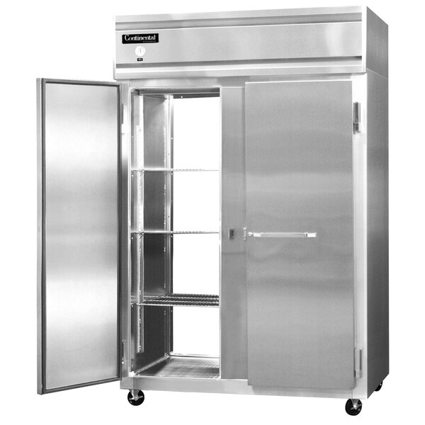 A stainless steel Continental Refrigerator pass-through freezer with two open doors.