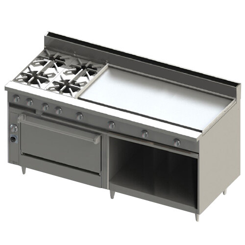 A large stainless steel Blodgett range with 4 burners, a griddle, and a cabinet base.