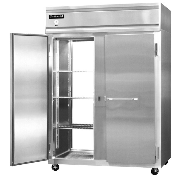 A stainless steel Continental pass-through freezer with two doors open.