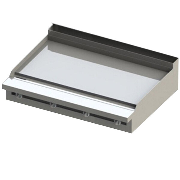 A stainless steel rectangular range with a white surface.