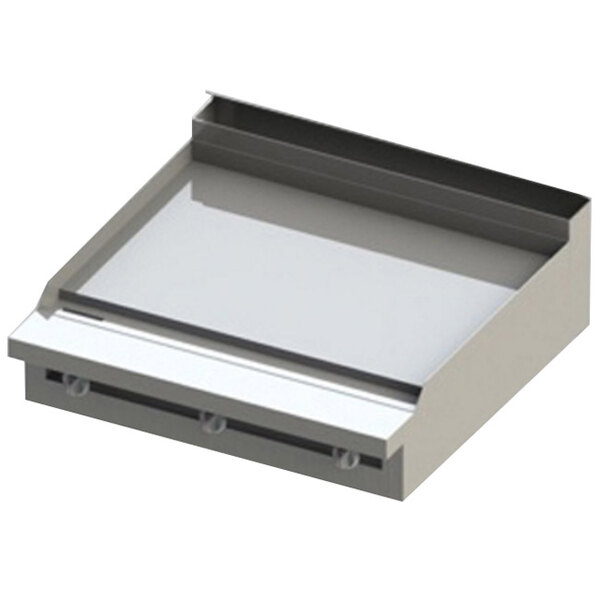 A stainless steel rectangular griddle lid.