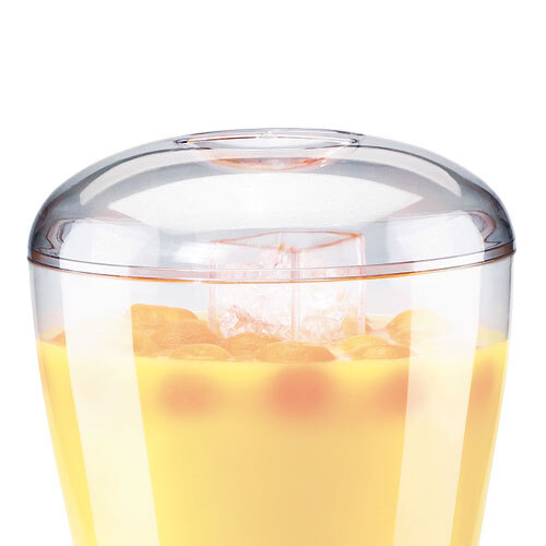 A white Cal-Mil replacement lid on a glass container filled with yellow liquid.