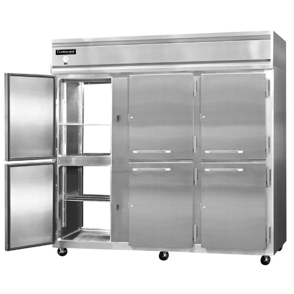A large stainless steel Continental Refrigerator with three half doors open.
