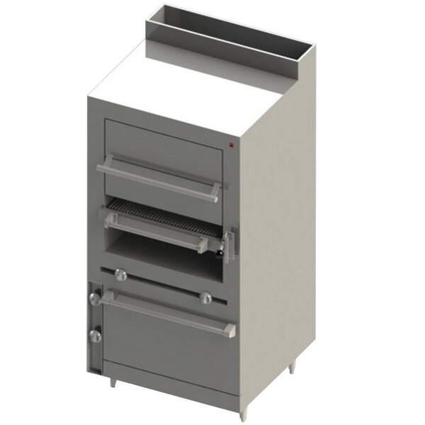A grey Blodgett upright broiler with two drawers and a shelf.