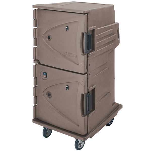 A brown plastic box with black handles and a door on wheels.