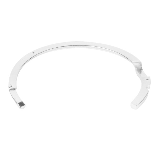 A silver curved metal ring guard for an Avantco meat slicer.