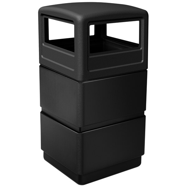A black rectangular Commercial Zone PolyTec trash can with a square dome lid.