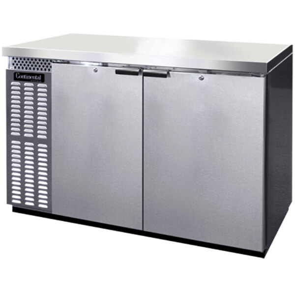 A stainless steel Continental Back Bar refrigerator with two doors.