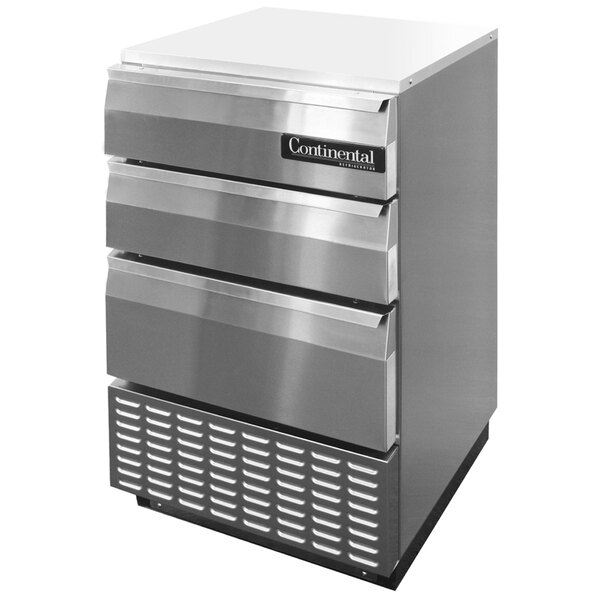 A Continental Refrigerator stainless steel undercounter cocktail refrigerator with 3 drawers.
