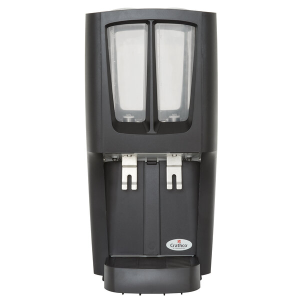 A black Crathco refrigerated beverage dispenser with two clear plastic containers.