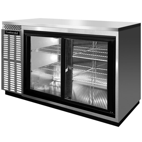 A Continental Refrigerator stainless steel back bar refrigerator with two sliding glass doors.