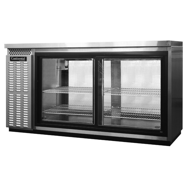A Continental Refrigerator stainless steel back bar refrigerator with pass-through sliding glass doors.