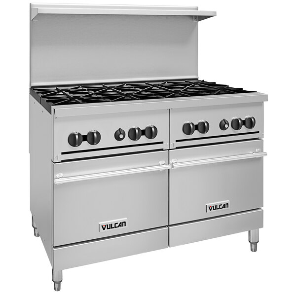 A large stainless steel Vulcan commercial gas range with 8 burners and 2 ovens.