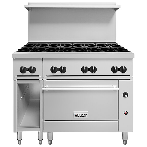 A Vulcan liquid propane range with 8 burners and a convection oven over a cabinet base with black knobs.