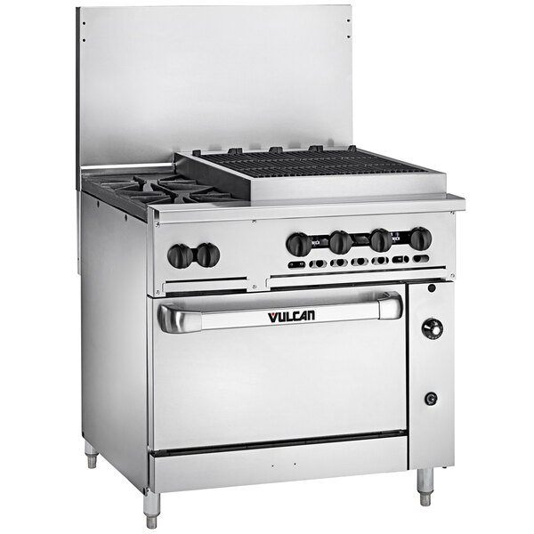 A stainless steel Vulcan commercial gas range with two burners, a grill, and a standard oven.