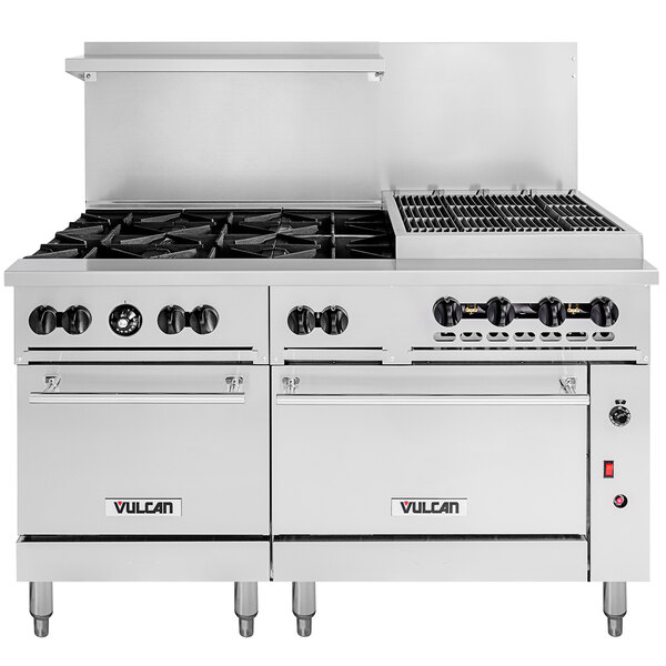 Vulcan 60SC-6B24CBN Endurance Natural Gas 6 Burner 60" Range with 24" Charbroiler, 1 Standard, and 1 Convection Oven - 302,000 BTU