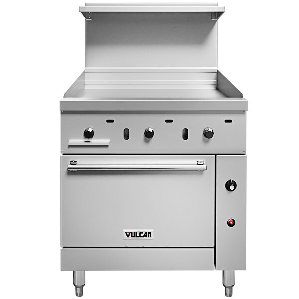 A large steel Vulcan gas range with a thermostatic griddle and convection oven.