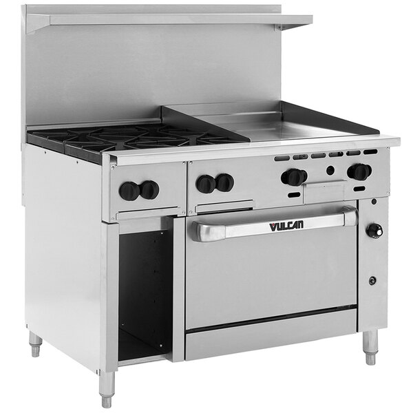 A large stainless steel Vulcan commercial gas range with 4 burners, a 24" thermostatic griddle, and a 12" cabinet base.