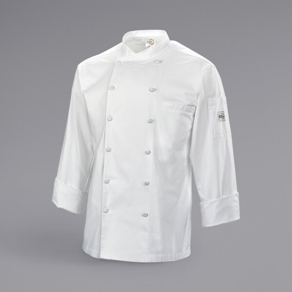 A close up of a white Mercer Culinary chef coat with buttons and cuffs.
