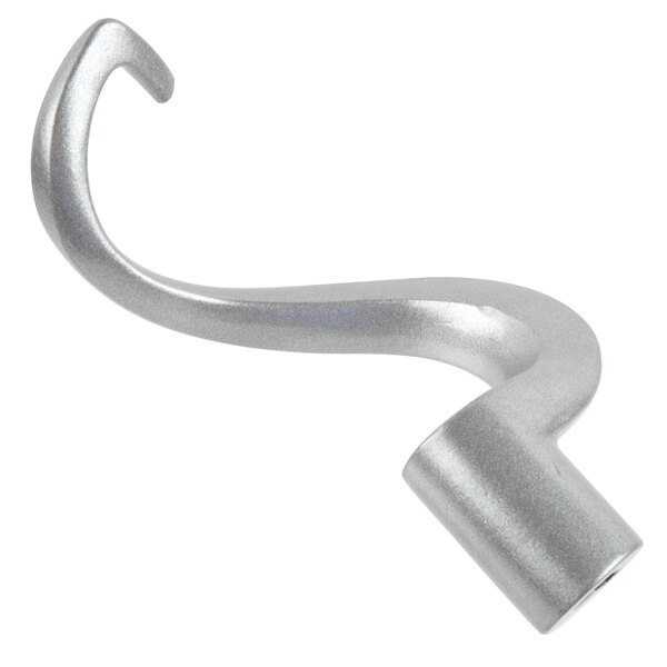 A silver cast aluminum dough hook with a long end.