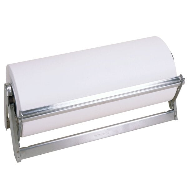 A Bulman stainless steel paper dispenser holding a roll of paper.