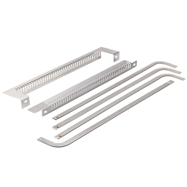 A group of metal strips with holes of different lengths.