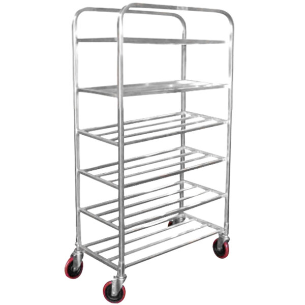 A silver metal Winholt universal cart with red wheels and six shelves.