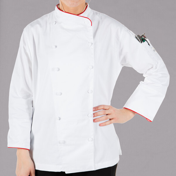 Mercer Culinary Renaissance® M62045 Women's Lightweight White Customizable Scoop Neck Chef Jacket with Red Piping