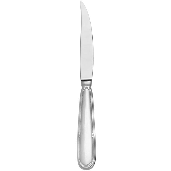 A silver steak knife with a solid metal handle.