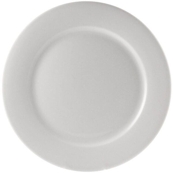 A close-up of a 10 Strawberry Street Bistro white porcelain plate with a round edge.