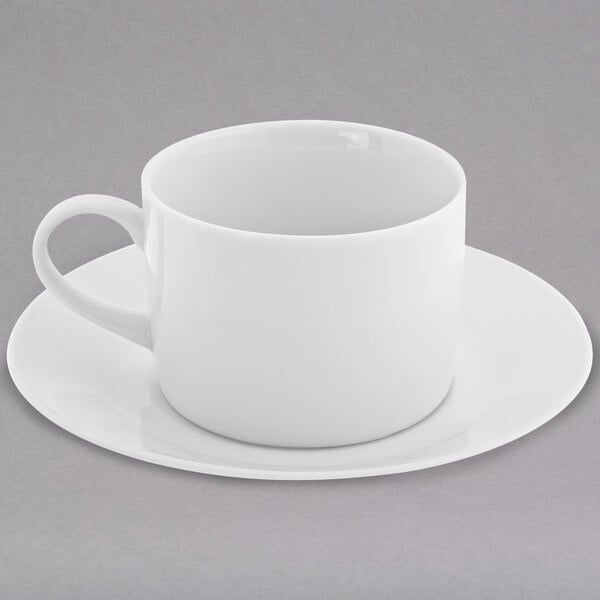 A 10 Strawberry Street Royal White porcelain cup on a saucer.