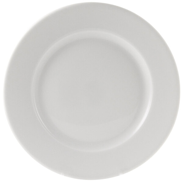 A close-up of a 10 Strawberry Street Bistro bright white porcelain bread and butter plate with a round edge.