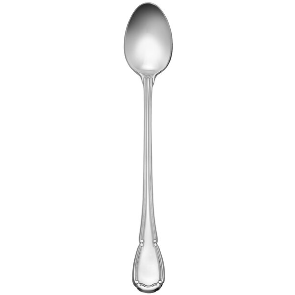 A silver iced tea spoon with a baroque handle.