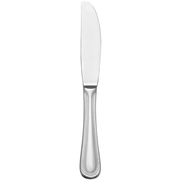 A silver bread and butter knife with a plain handle.