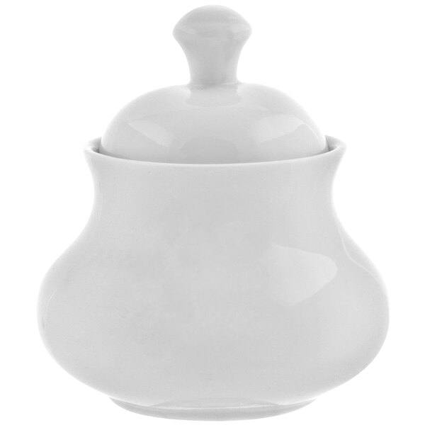 A 10 Strawberry Street Royal White porcelain sugar bowl with a lid on a white background.
