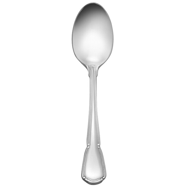 A silver demitasse spoon with a Baroque handle.