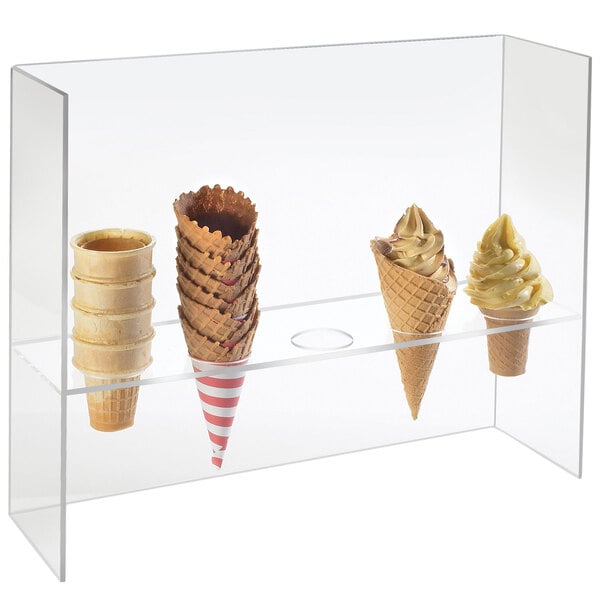 A clear acrylic display case with five ice cream cones in it.