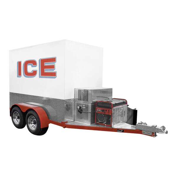 A white trailer with a white box and red letters on it.