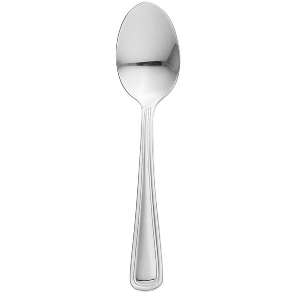 A silver Libbey Classic Rim II demitasse spoon with a white background.