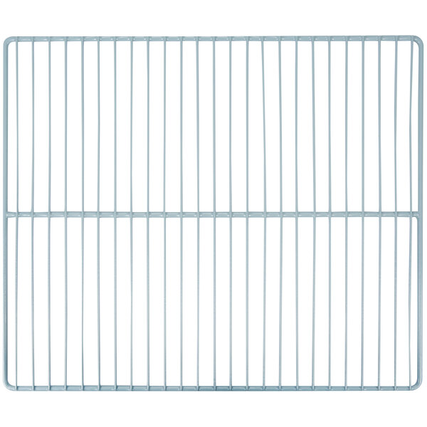 A metal grid shelf with a white coating.