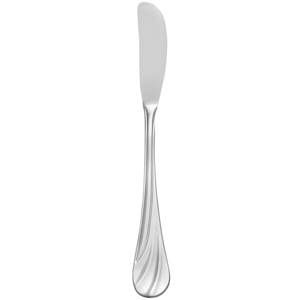 A silver Libbey butter spreader with a long silver handle.