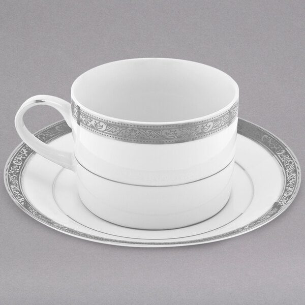 A 10 Strawberry Street Paradise white and silver porcelain cup and saucer.