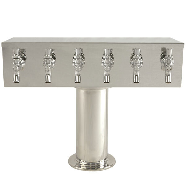 A silver stainless steel Micro Matic 6 tap tower on a counter.