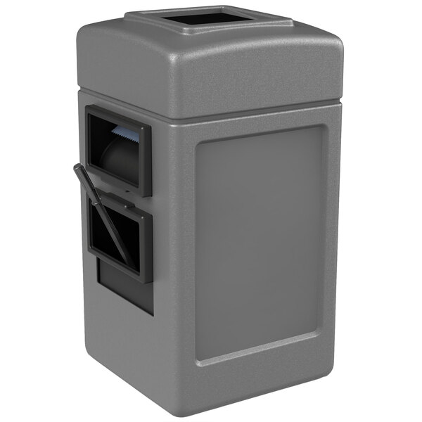 A gray rectangular trash container with black lid.