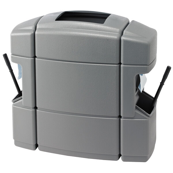 A grey plastic Commercial Zone Islander waste container with black handles.