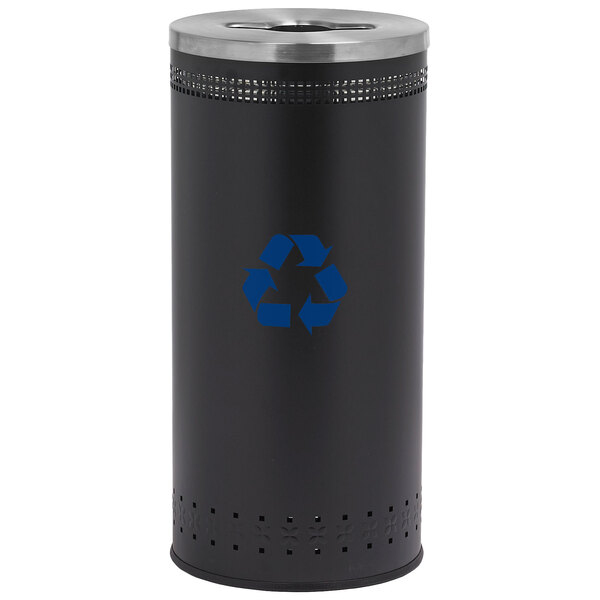 A black Commercial Zone Precision trash can with a blue recycle symbol.