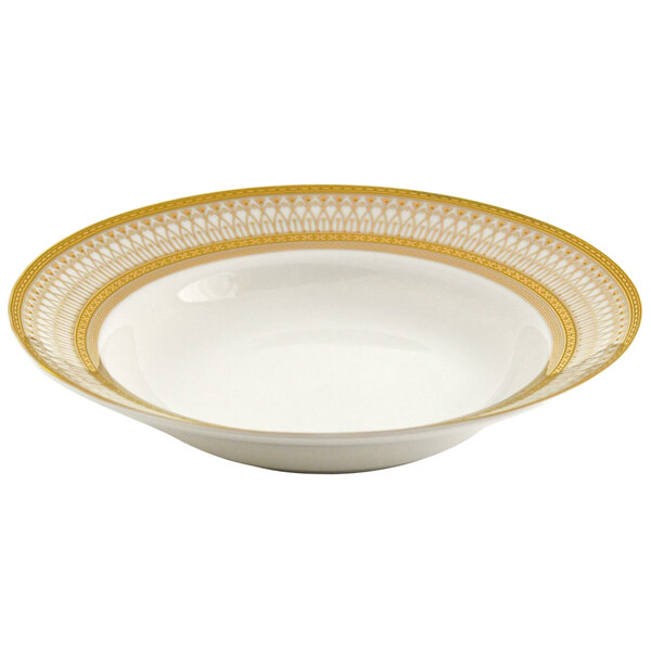 A white bowl with a wide rim and gold trim.