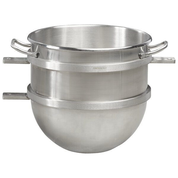 A large silver Hobart mixing bowl with handles.