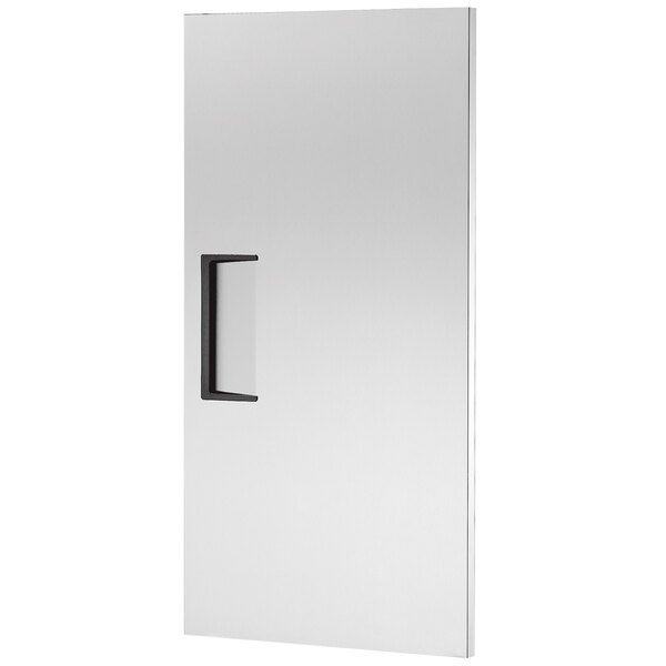 A white rectangular door with a black handle.