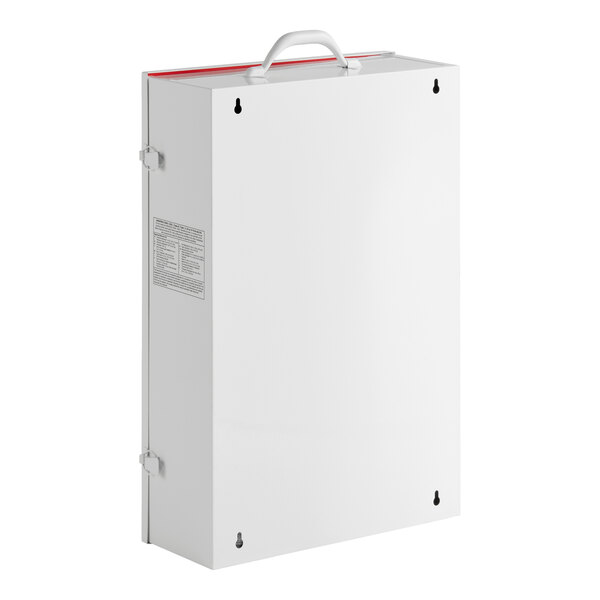 A large white metal first aid kit cabinet with a handle and wall-mounting holes.